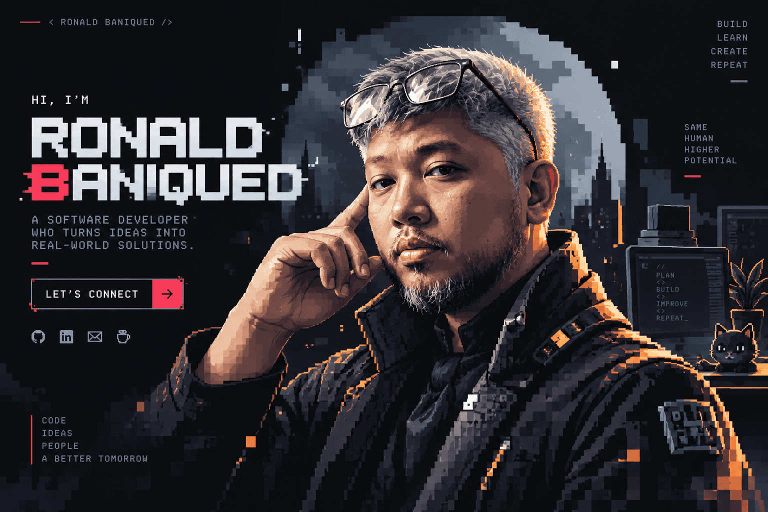 Pixel-art portrait of Ronald Baniqued at a workstation with a cityscape backdrop